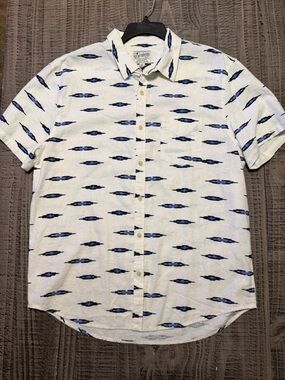 Lucky Brand White Short-Sleeve Button-Down with Navy Ikat Motif